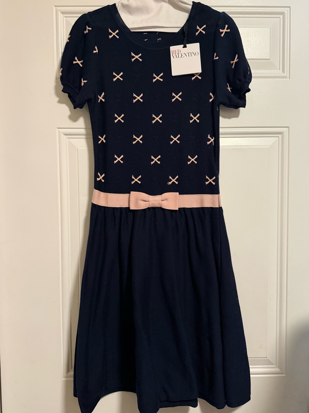 Valentino Navy Dress with Blush Bow and Knit X Detail